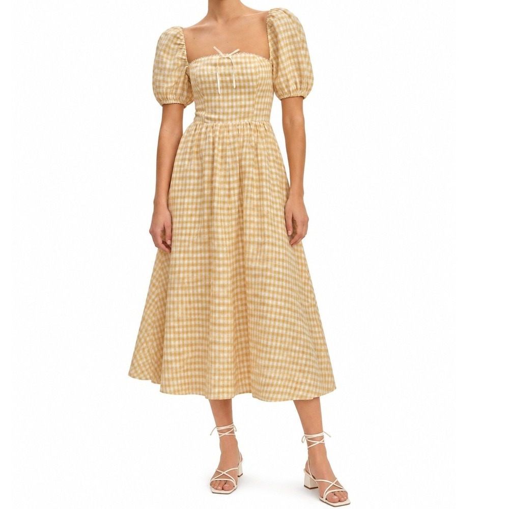 Reformation Marella Linen Midi Dress Sunshine Check Yellow Gingham 8
